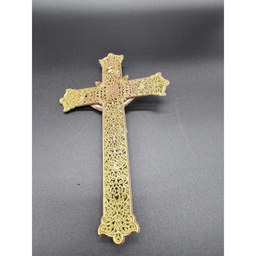Vintage Wall Crucifix Hanging Filigree Gold Tone  Jesus Christ‎ INRI Ornate